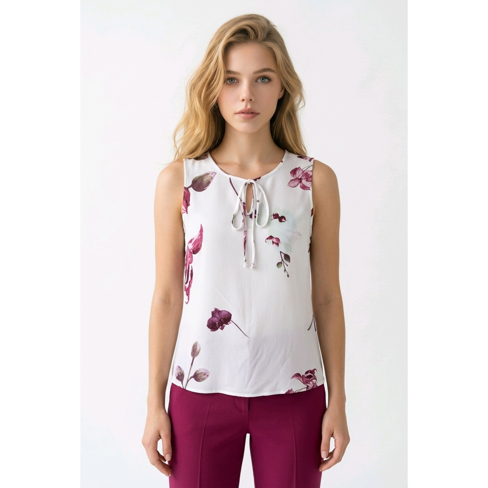 Harvé Benard Women Sleeveless Floral Blouse Y2K Pleated Chiffon Office White L